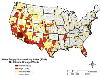 U.S. map showing water supply risks with climate change effects 2050