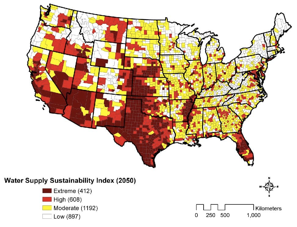 map of U.S. counties water supply sustainability risk 2050